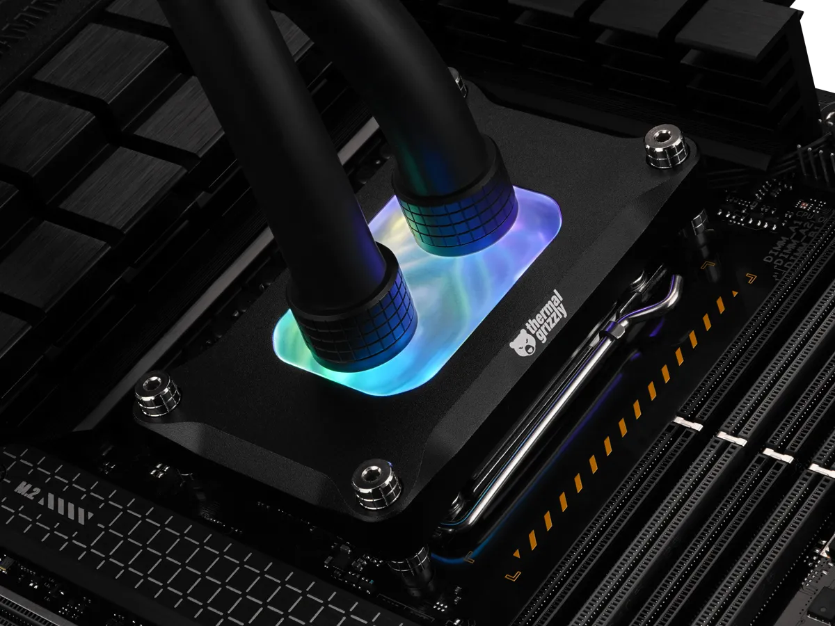 Thermal grizzly mycro pro rgb | amd am5 am4 | 0,2 mm mikrorebra | g1/4 | argb | cpu vodni blok 3 Thermal grizzly mycro pro rgb nameščen na amd am5 matični plošči z rgb osvetlitvijo
