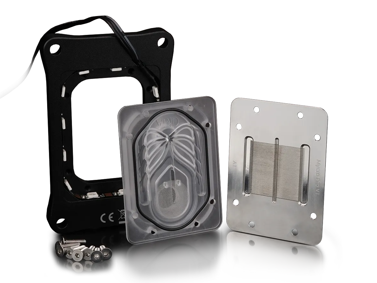 Thermal grizzly mycro pro rgb | amd am5 am4 | 0,2 mm mikrorebra | g1/4 | argb | cpu vodni blok 2 Thermal grizzly mycro pro rgb amd am5 razstavljen hladilni blok z mikrorebrci
